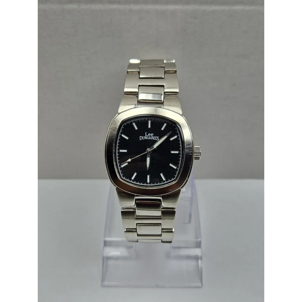 Vintage Lee Dungarees Mens Black Cushion Dial Silver Bracelet Quartz New Battery